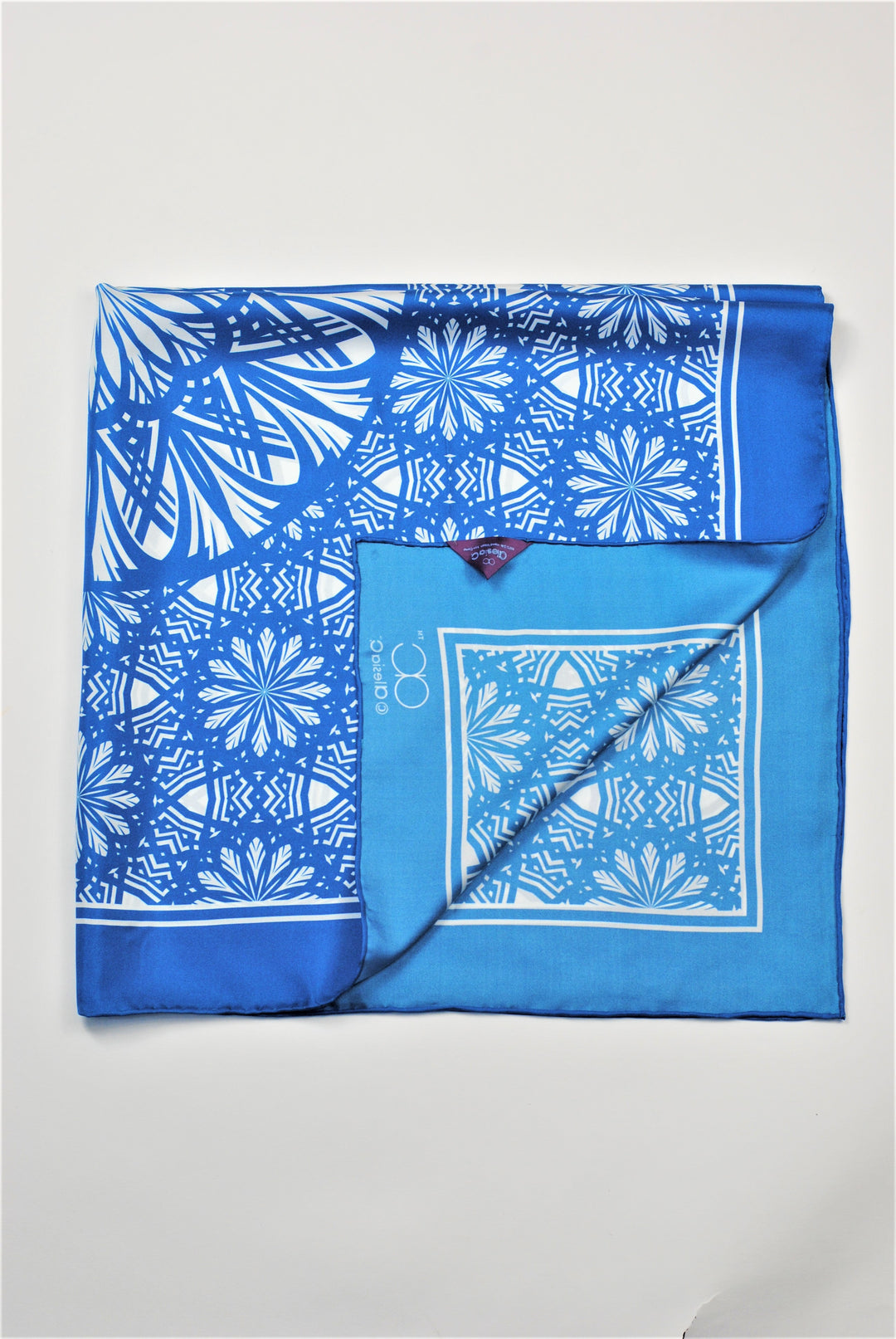 SERENITY Mandala Art Pure Silk Scarf in Blue White Alesia C.