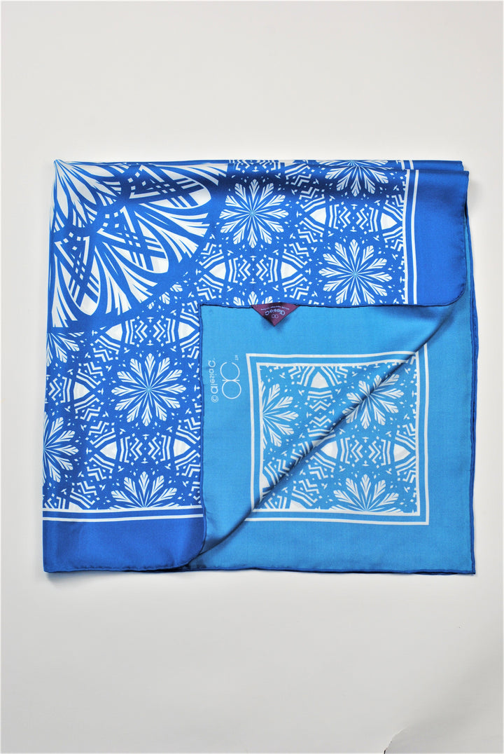 SERENITY Mandala Art Pure Silk Scarf in Blue White Alesia C.