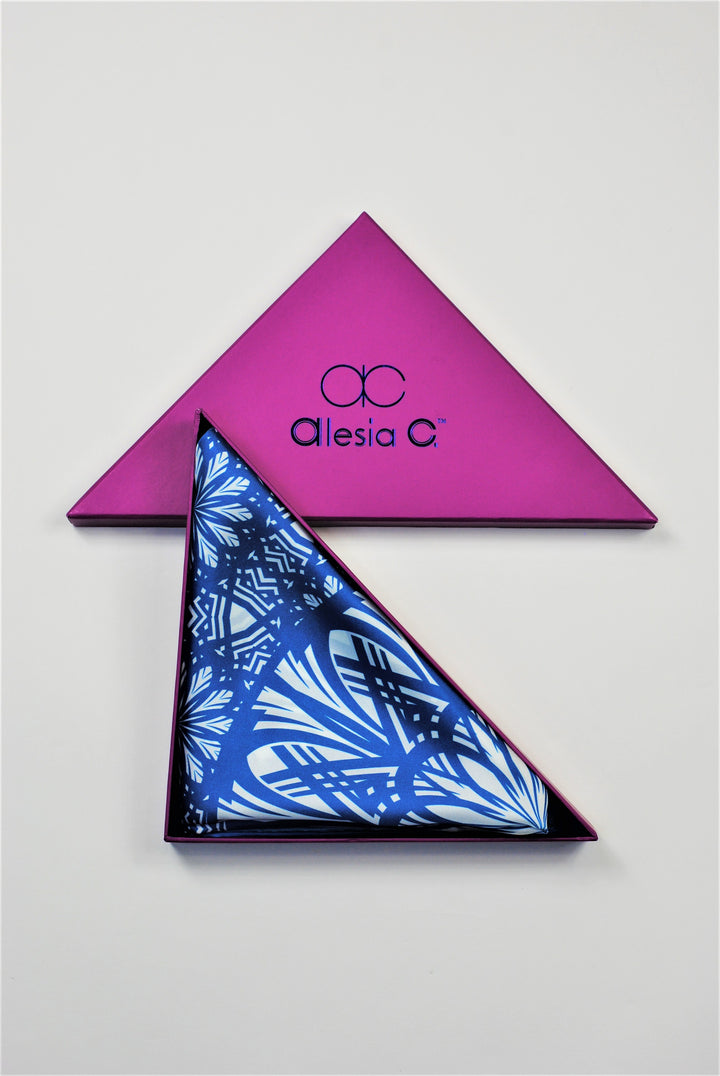 SERENITY Mandala Art Pure Silk Scarf in Blue White Alesia C.