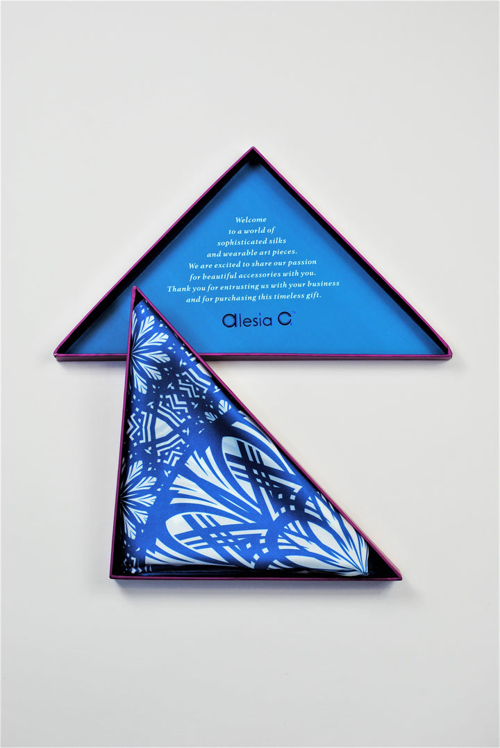 SERENITY Mandala Art Pure Silk Scarf in Blue White Alesia C.
