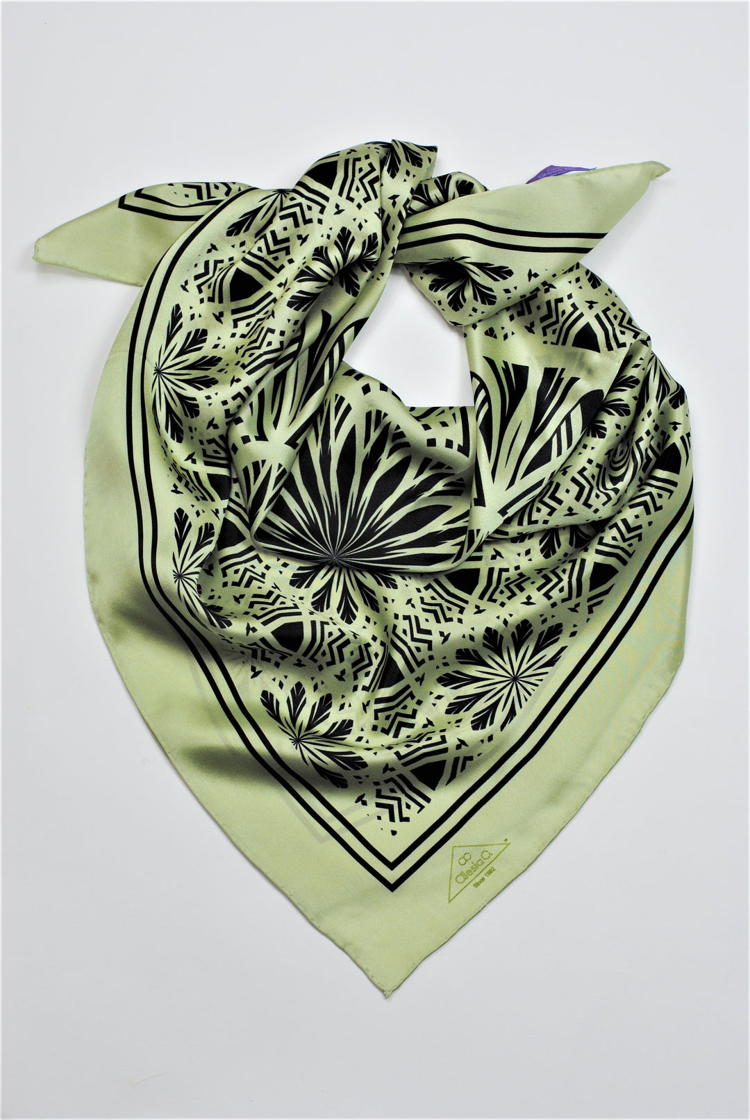 SERENITY Mandala Art Pure Silk Charmeuse Scarf in Light Green Sage Black Alesia Chaika Alesia C. designer scarf