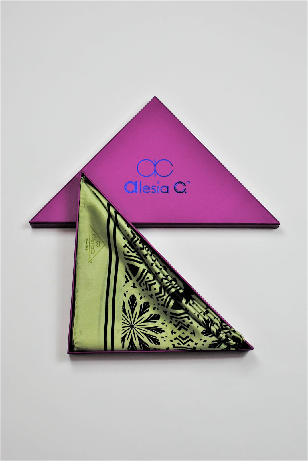 SERENITY Mandala Art Pure Silk Charmeuse Scarf in Light Green Sage Black Alesia Chaika Alesia C. designer scarf in the signature triangle purple gift box