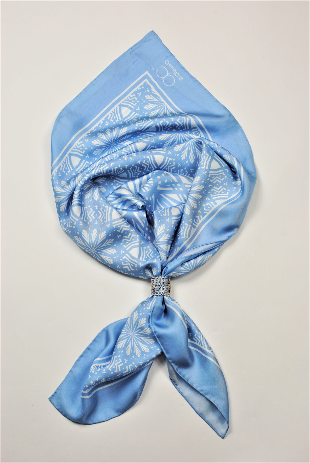 SERENITY Mandala Art Pure Silk Charmeuse Scarf in Light Blue and White Serenity Blue by Alesia Chaika designer scarf in the signature Alesia C. triangle purple gift box