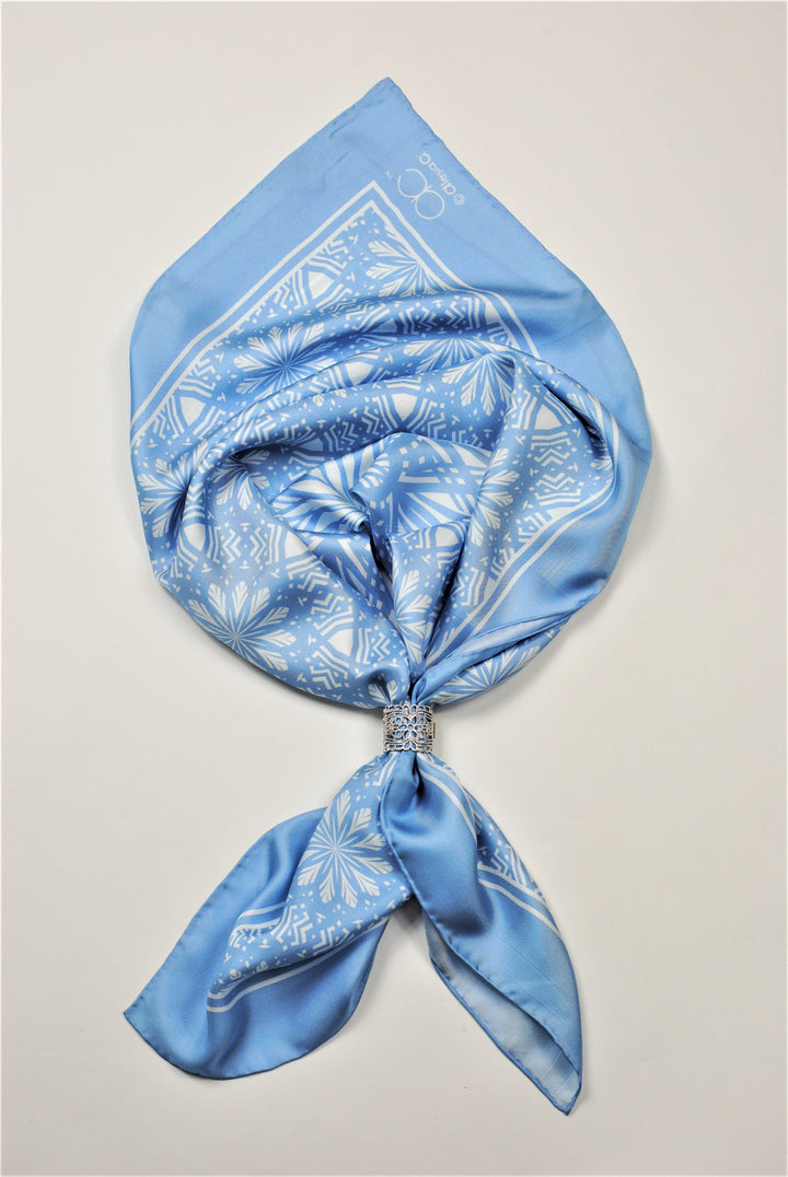 SERENITY Mandala Art Pure Silk Charmeuse Scarf in Light Blue and White Serenity Blue by Alesia Chaika designer scarf in the signature Alesia C. triangle purple gift box