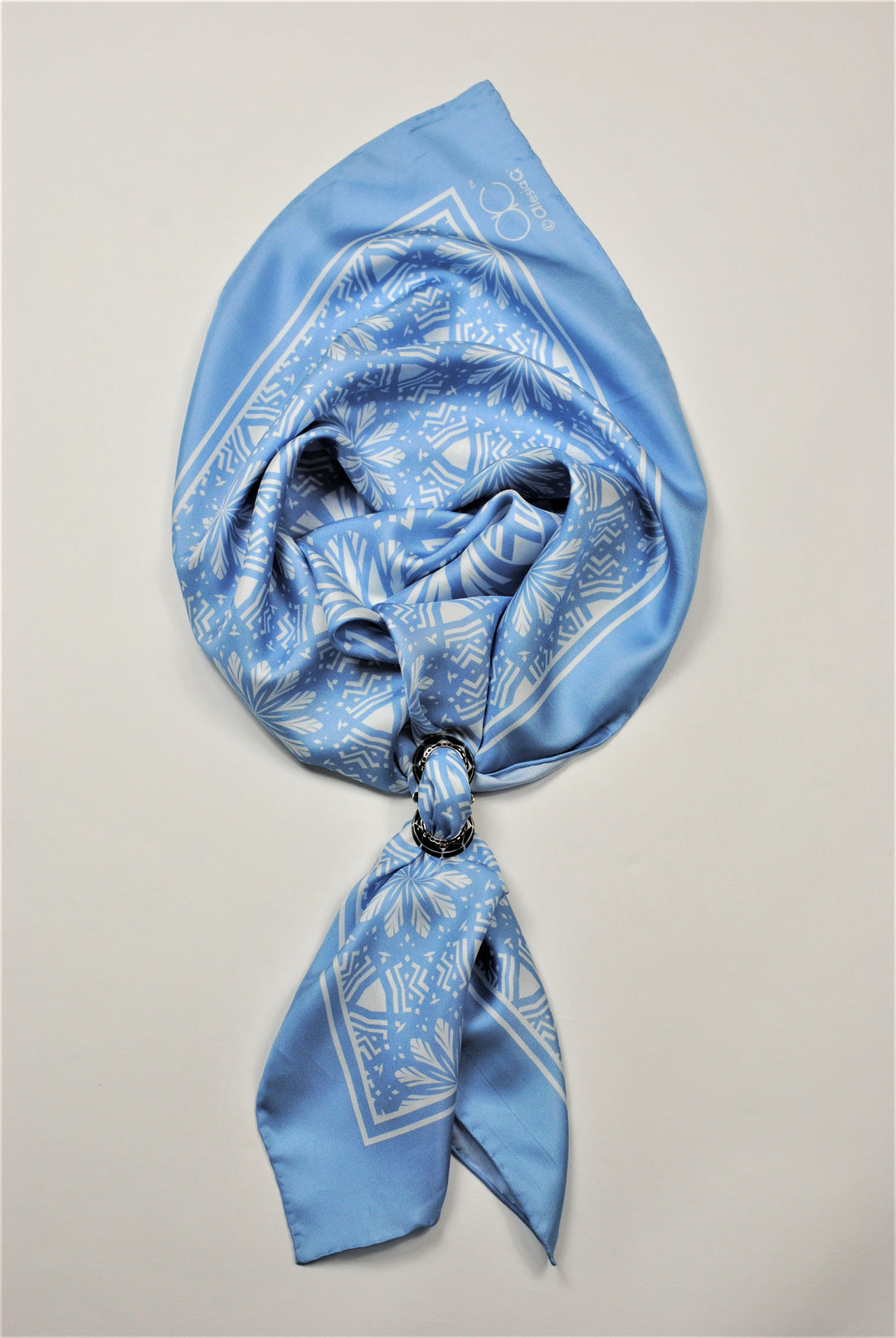 SERENITY Mandala Art Pure Silk Charmeuse Scarf in Light Blue and White Serenity Blue by Alesia Chaika designer scarf in the signature Alesia C. triangle purple gift box