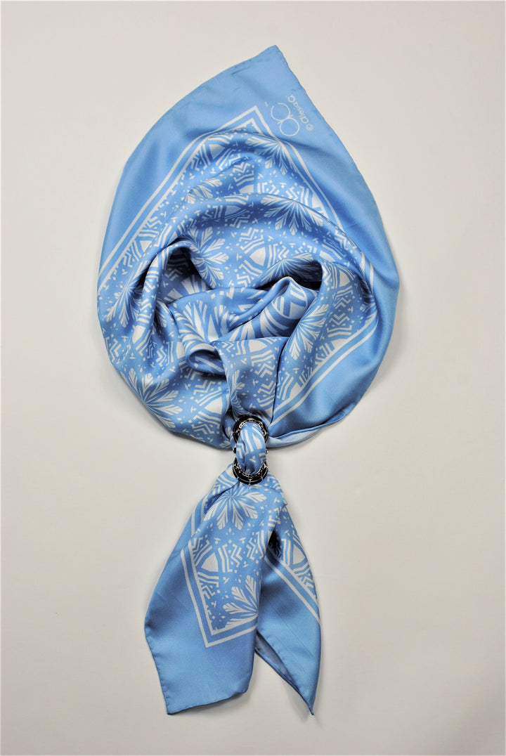 SERENITY Mandala Art Pure Silk Charmeuse Scarf in Light Blue and White Serenity Blue by Alesia Chaika designer scarf in the signature Alesia C. triangle purple gift box