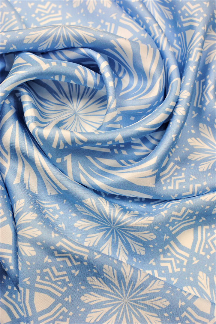 SERENITY Mandala Art Pure Silk Charmeuse Scarf in Light Blue and White Serenity Blue by Alesia Chaika designer scarf in the signature Alesia C. triangle purple gift box