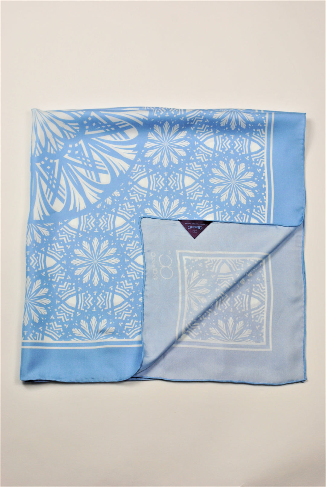 SERENITY Mandala Art Pure Silk Charmeuse Scarf in Light Blue and White Serenity Blue by Alesia Chaika designer scarf in the signature Alesia C. triangle purple gift box