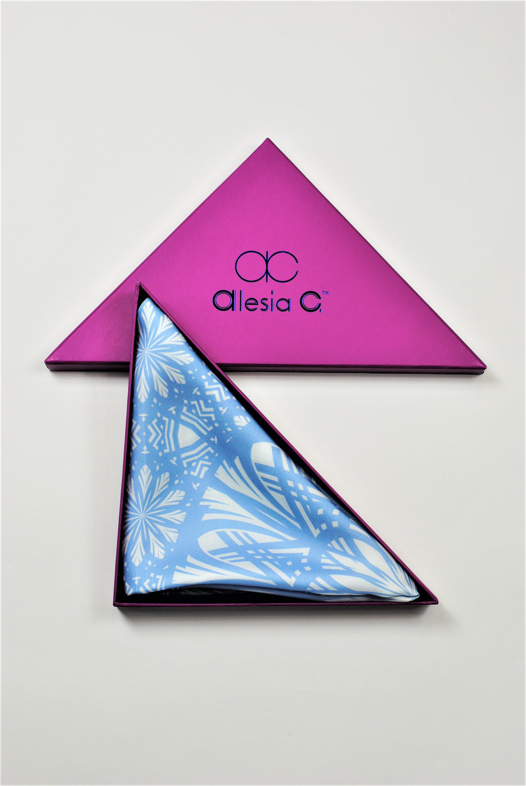 SERENITY Mandala Art Pure Silk Charmeuse Scarf in Light Blue and White Serenity Blue by Alesia Chaika designer scarf in the signature Alesia C. triangle purple gift box