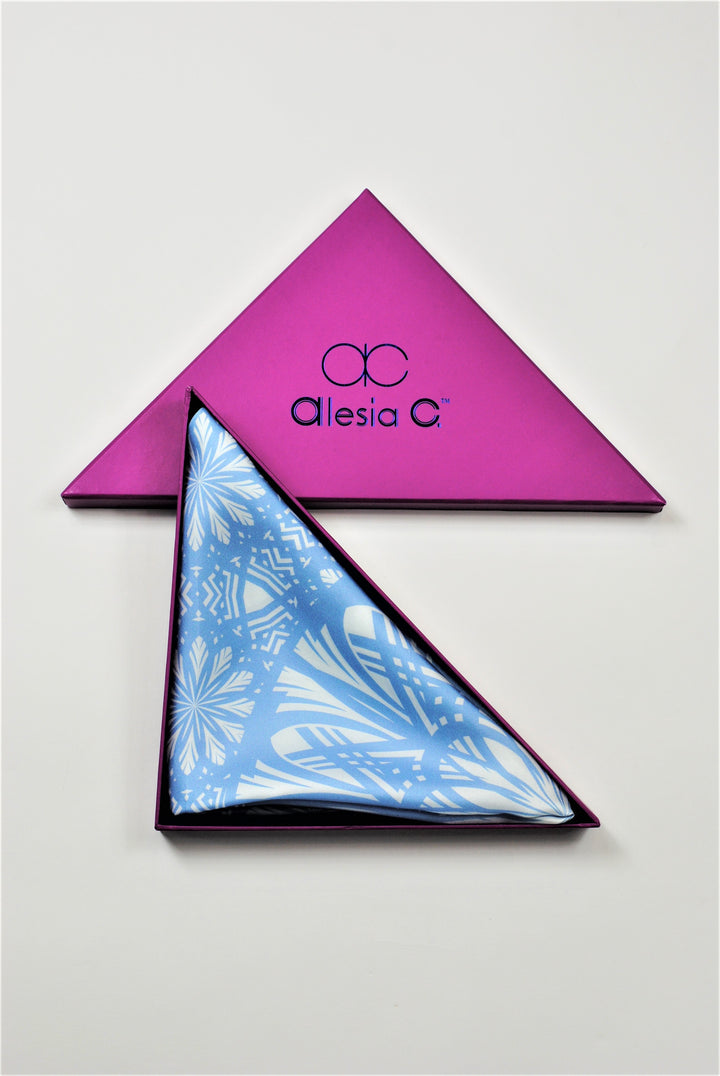 SERENITY Mandala Art Pure Silk Charmeuse Scarf in Light Blue and White Serenity Blue by Alesia Chaika designer scarf in the signature Alesia C. triangle purple gift box