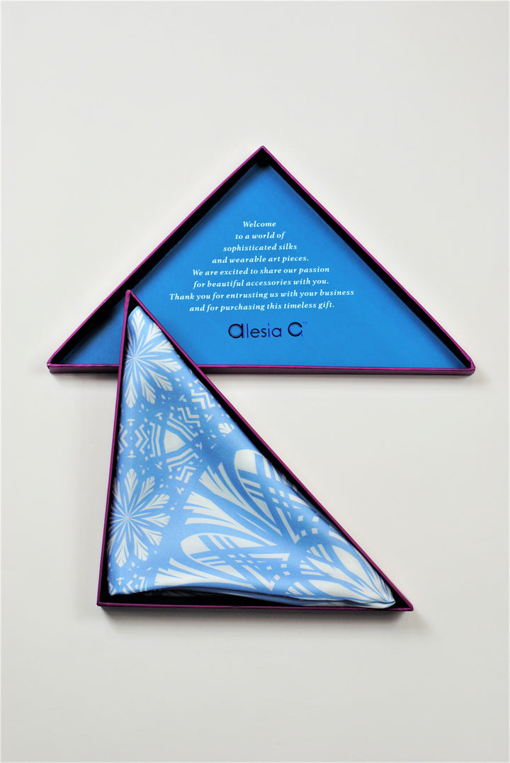 SERENITY Mandala Art Pure Silk Charmeuse Scarf in Light Blue and White Serenity Blue by Alesia Chaika designer scarf in the signature Alesia C. triangle purple gift box