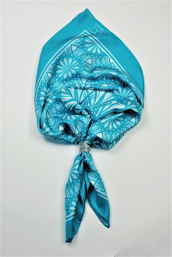 SERENITY Mandala Art Pure Silk Scarf in Turquoise White Alesia C.