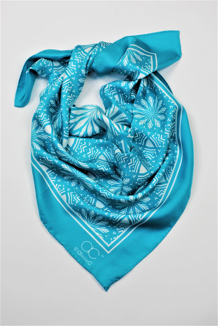 SERENITY Mandala Art Pure Silk Scarf in Turquoise White Alesia C.