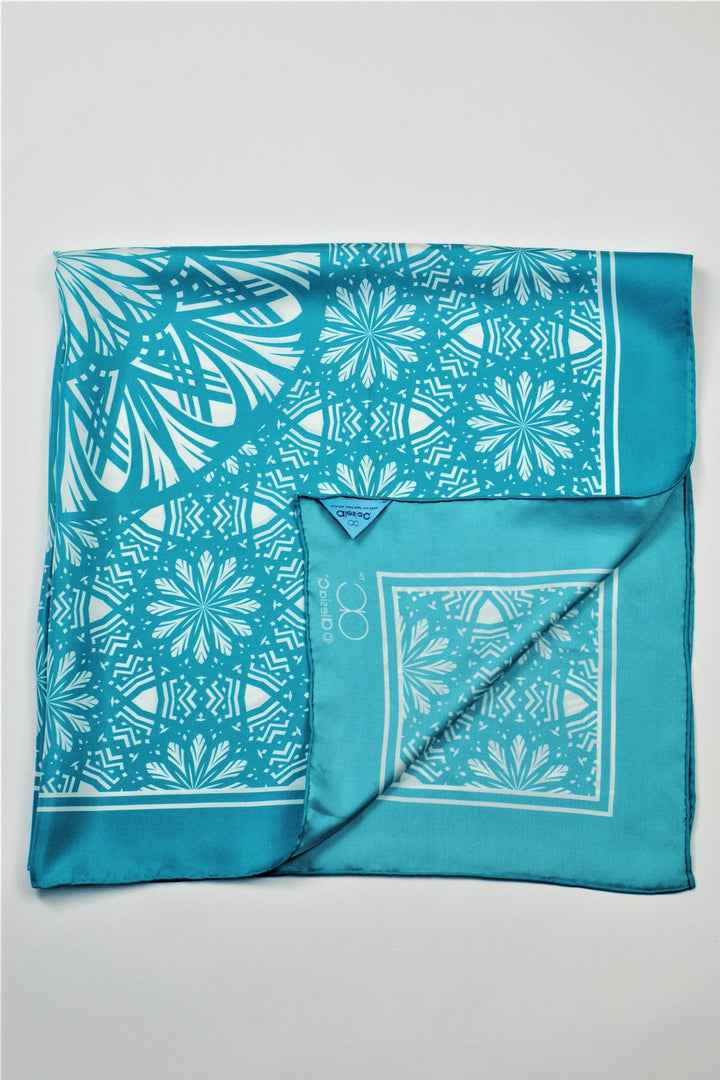 SERENITY Mandala Art Pure Silk Scarf in Turquoise White Alesia C.