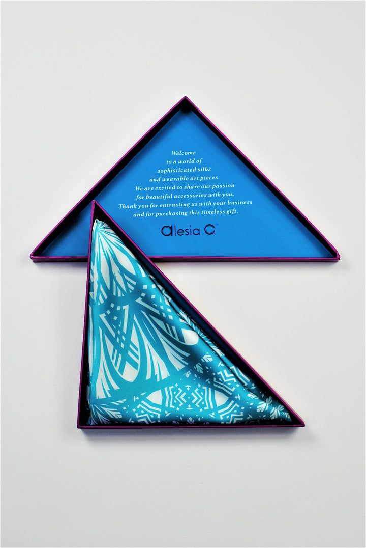 SERENITY Mandala Art Pure Silk Scarf in Turquoise White Alesia C.
