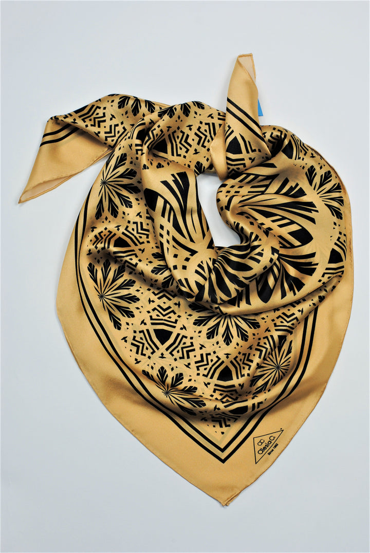 SERENITY Mandala Art Pure Silk Scarf in Beige Black Alesia C.