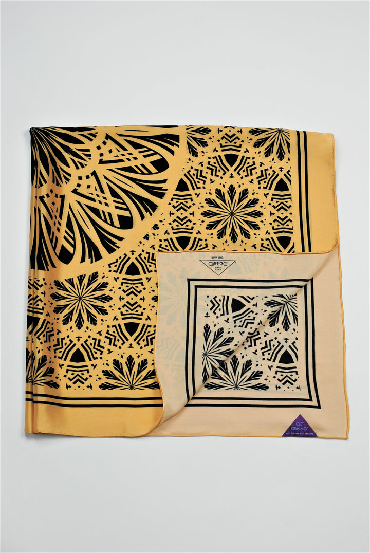 SERENITY Mandala Art Pure Silk Scarf in Beige Black Alesia C.