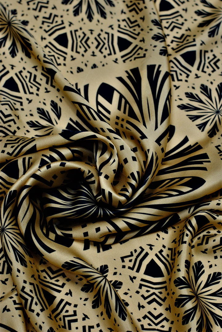 SERENITY Mandala Art Pure Silk Scarf in Beige Black Alesia C.