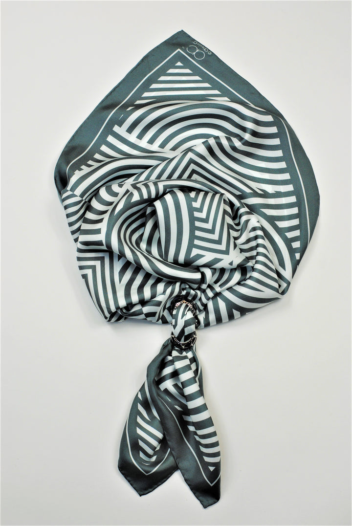 Slim Dance Mandala Art Pure Silk Scarf in Grey White Stripe by Alesia Chaika