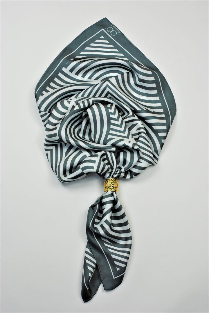Slim Dance Mandala Art Pure Silk Scarf in Grey White Stripe by Alesia Chaika