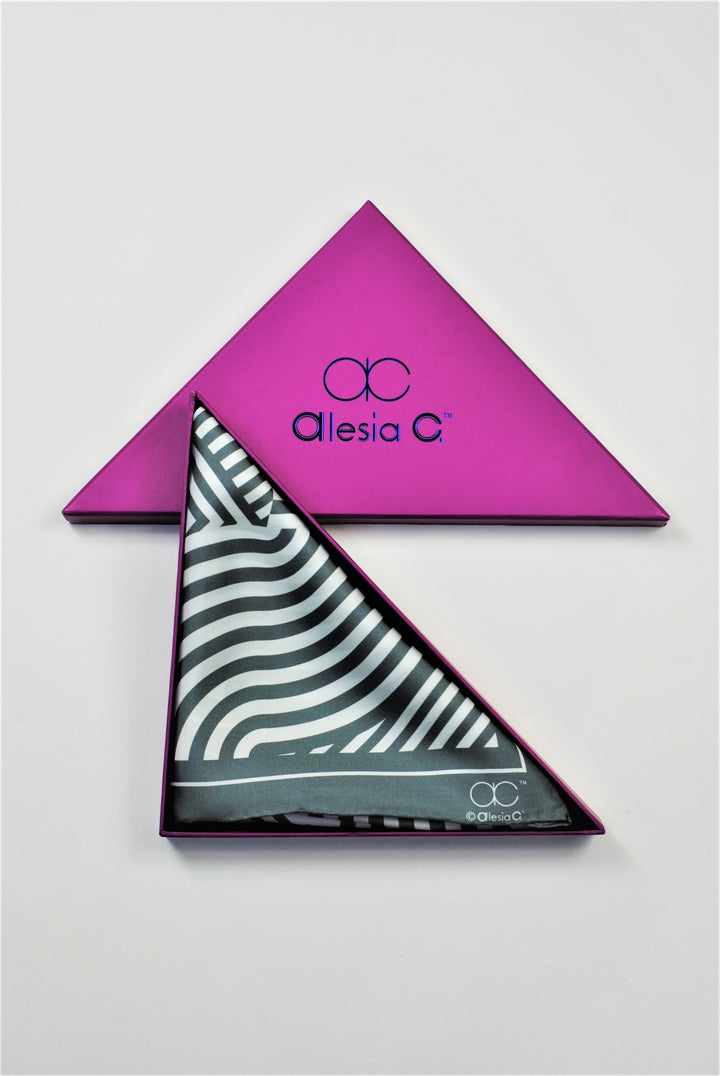 Slim Dance Mandala Art Pure Silk Scarf in Grey White Stripe in the signature purple triangle gift box by Alesia Chaika