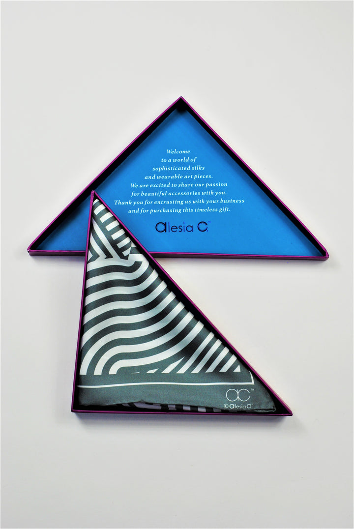 Slim Dance Mandala Art Pure Silk Scarf in Grey White Stripe in the signature purple triangle gift box by Alesia Chaika