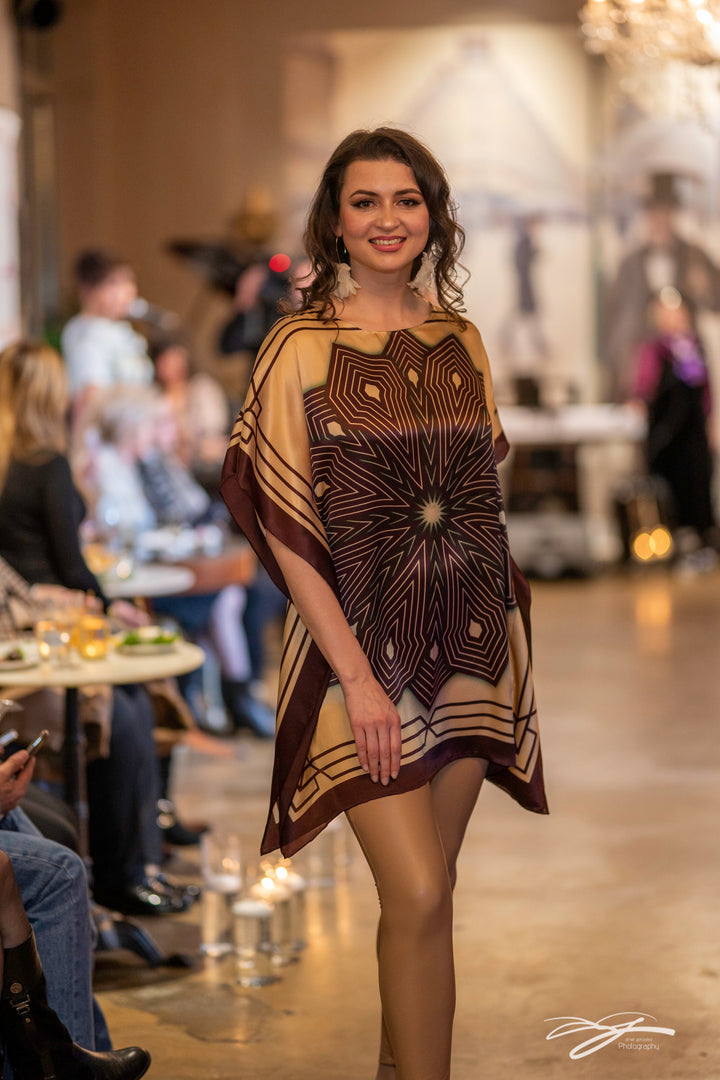 SUMATRA 100% Silk Short Caftan in Brown Beige