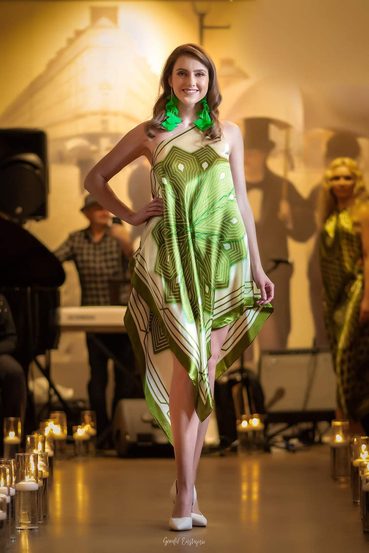 SUMATRA 100% Silk Assymetrical Short Caftan in Olive Sage AlesiaC.com