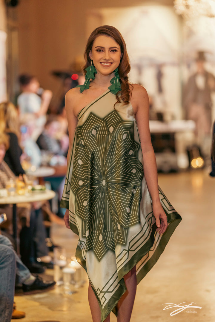 SUMATRA 100% Silk Assymetrical Short Caftan in Olive Sage AlesiaC.com