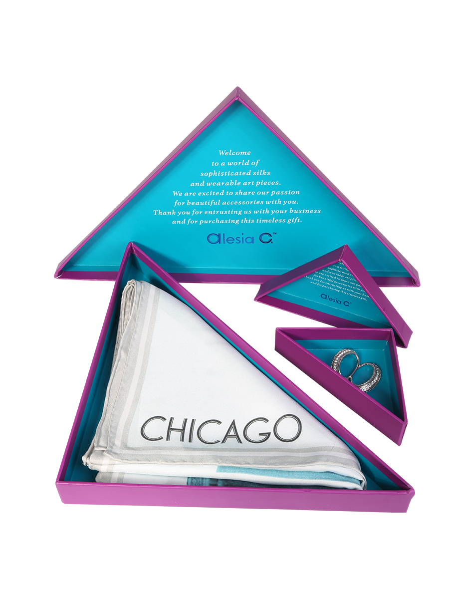 Alesia C. silk scarf presentation signature purple triangle gift packaging Chicago 100% silk scarf gift corporate souvenir