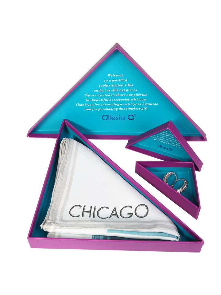 Alesia C. silk scarf presentation signature purple triangle gift packaging Chicago 100% silk scarf gift corporate souvenir