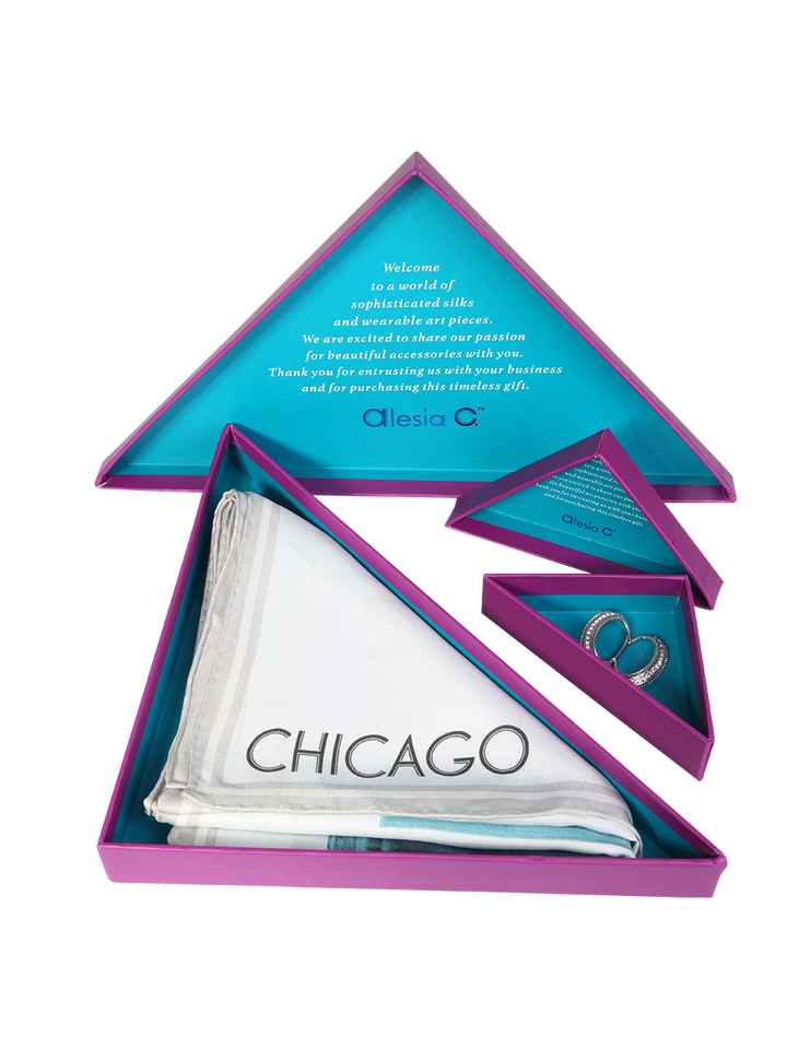 Chicago History Skyline Art Silk Scarf Wearable Art Gift Corporate Souvenir For Her ladies Scarf by Alesia C. Chicago Fashion Designer