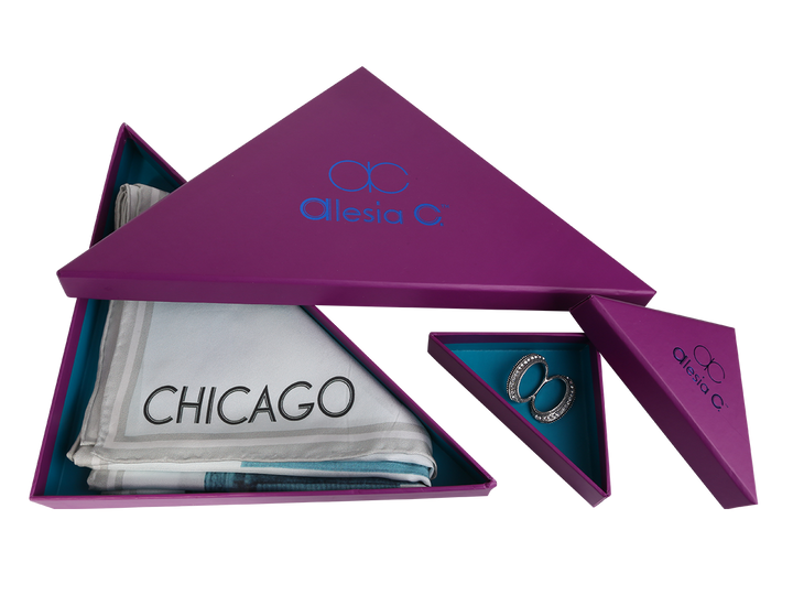 Chicago History Skyline Art Silk Scarf Wearable Art Gift Corporate Souvenir For Her ladies Scarf by Alesia C. Chicago Fashion Designer