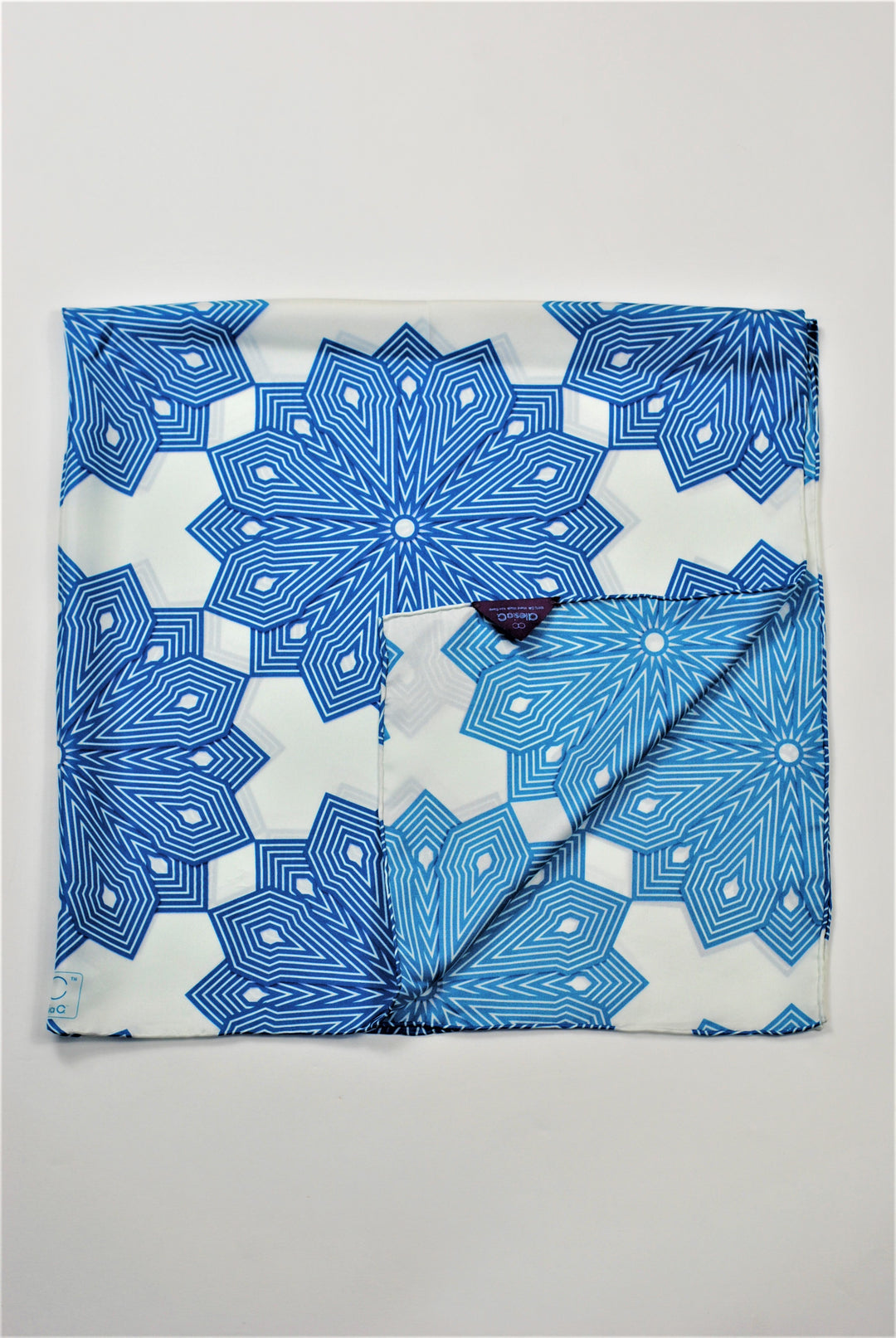 SNOWFLAKES Mandala 100% Silk Square Scarf in Blue White