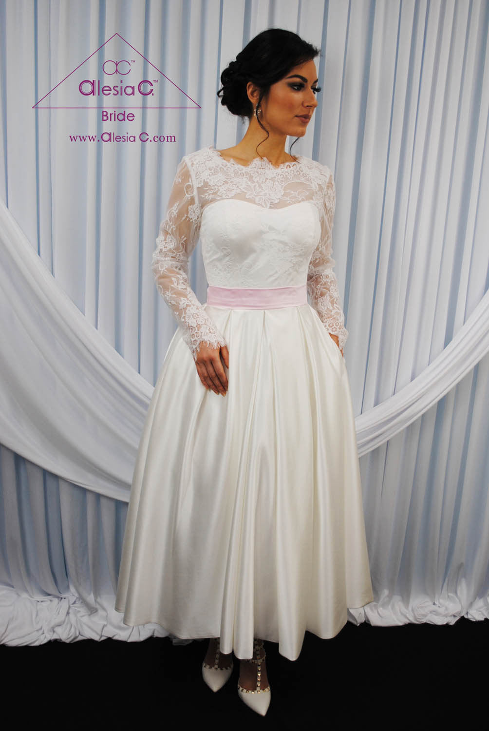 Tea length lace bridal gowns discount