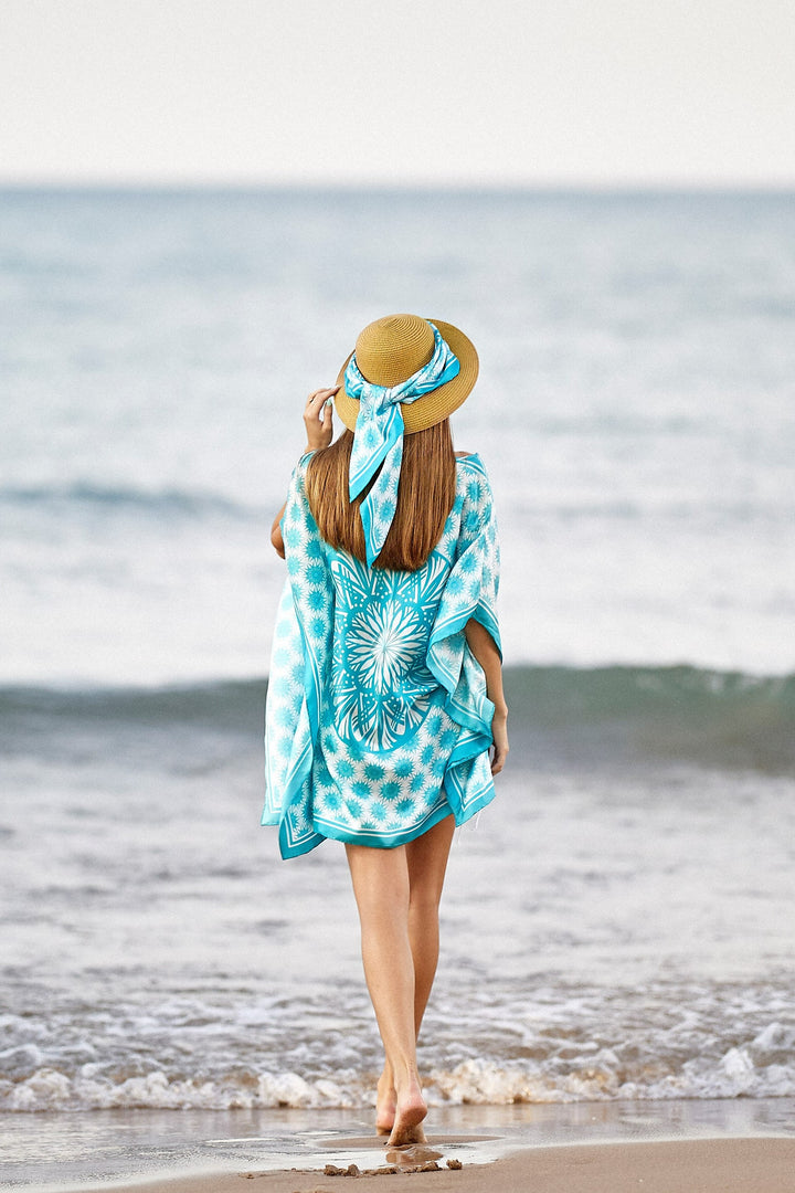WISDOM Mandala 100% Silk Short Caftan in Turquoise White AlesiaC.com
