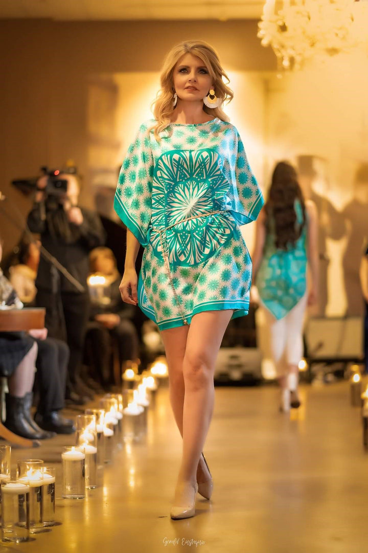 WISDOM Mandala 100% Silk Short Caftan in Turquoise White AlesiaC.com