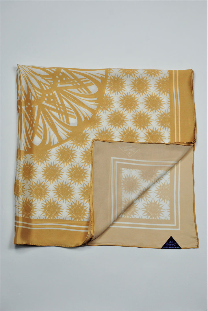 WISDOM Mandala Art Pure Silk Square Scarf in Beige White by Chicago Fashion Designer Alesia Chaika Alesia C. 