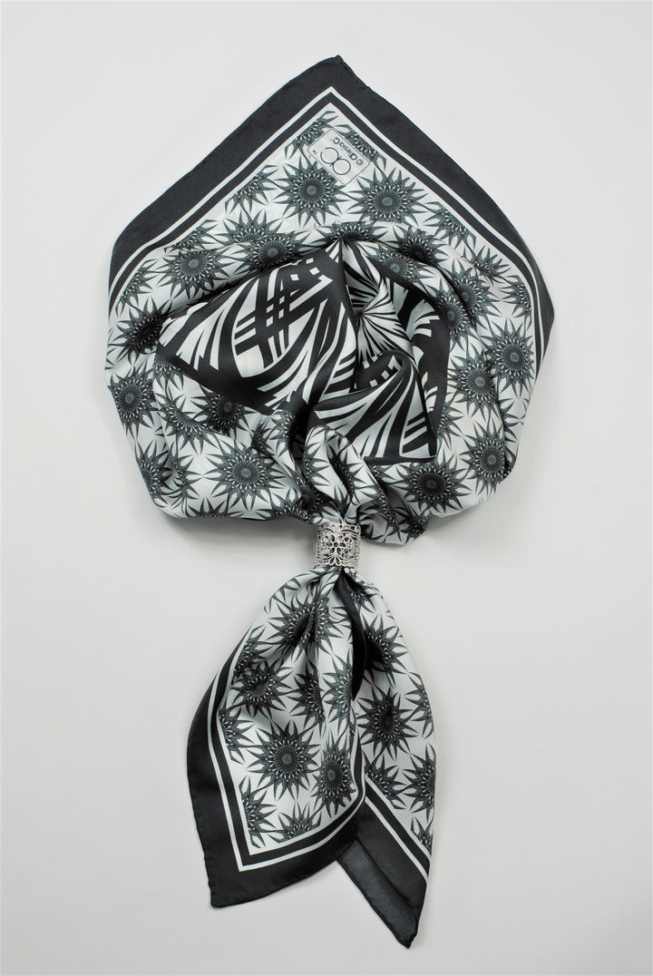 WISDOM Mandala Art Pure Silk Square Scarf in Black White by Chicago Designer Alesia Chaika
