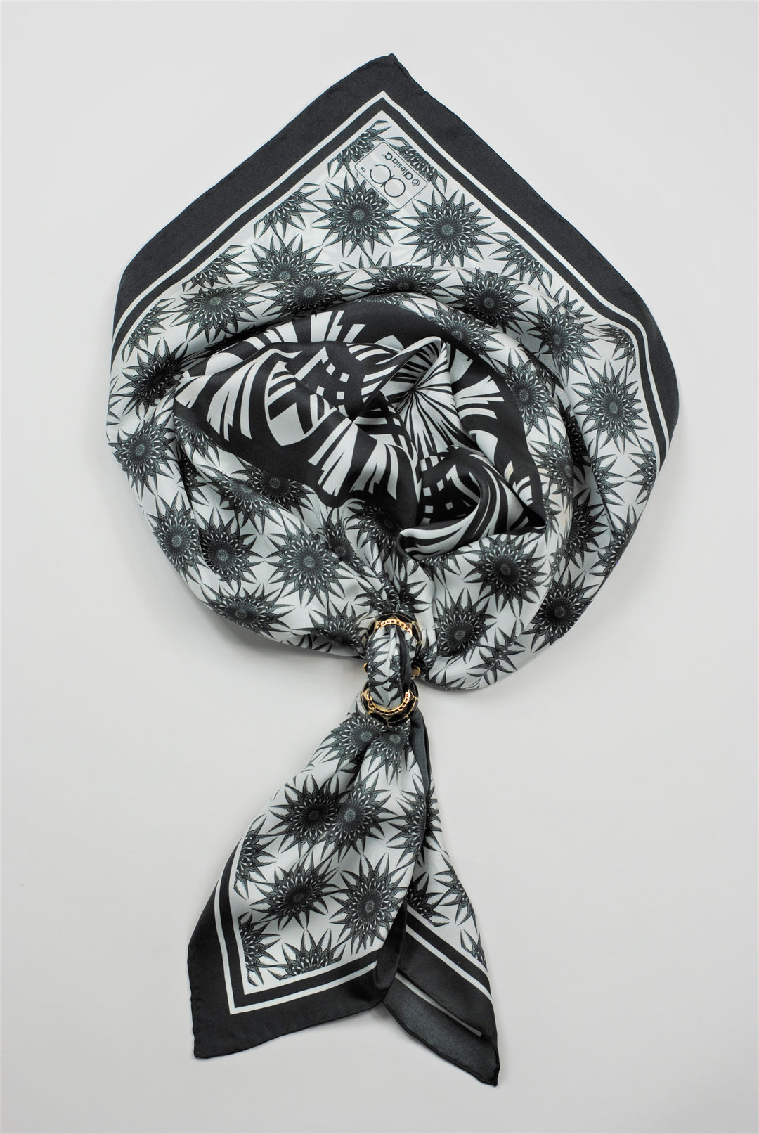 WISDOM Mandala Art Pure Silk Square Scarf in Black White by Chicago Designer Alesia Chaika