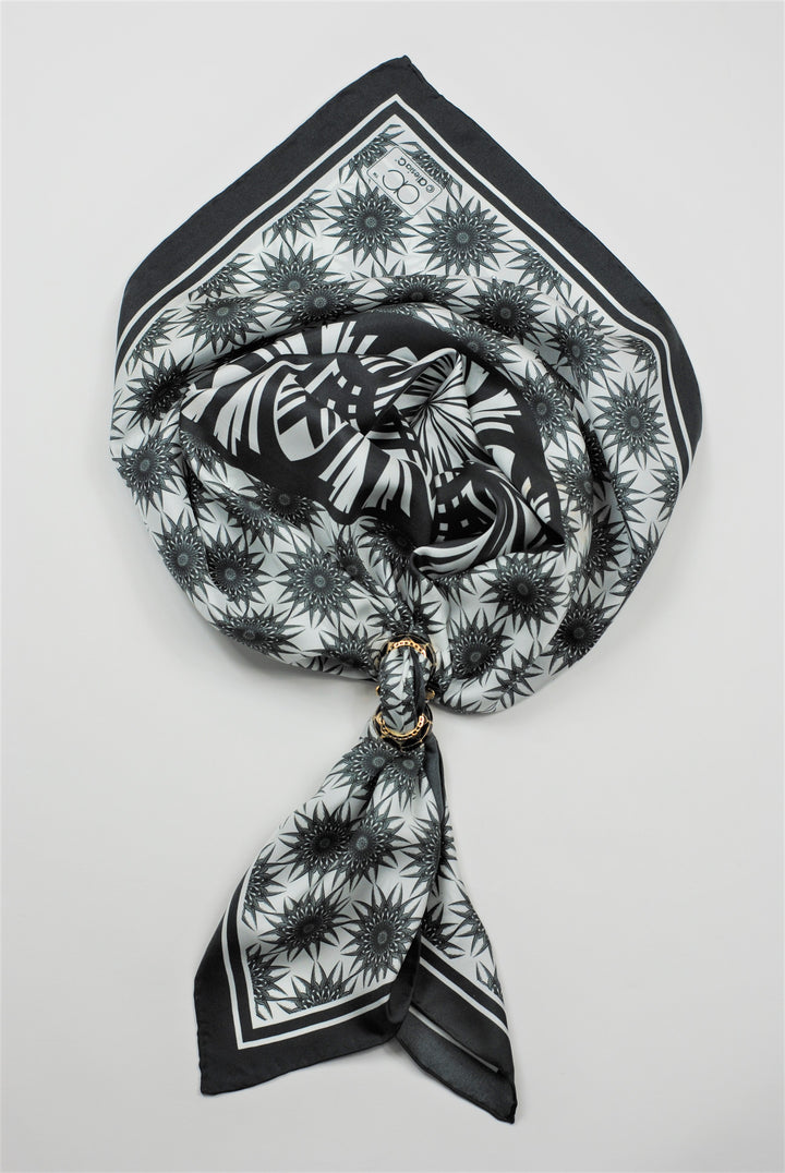 WISDOM Mandala Art Pure Silk Square Scarf in Black White by Chicago Designer Alesia Chaika
