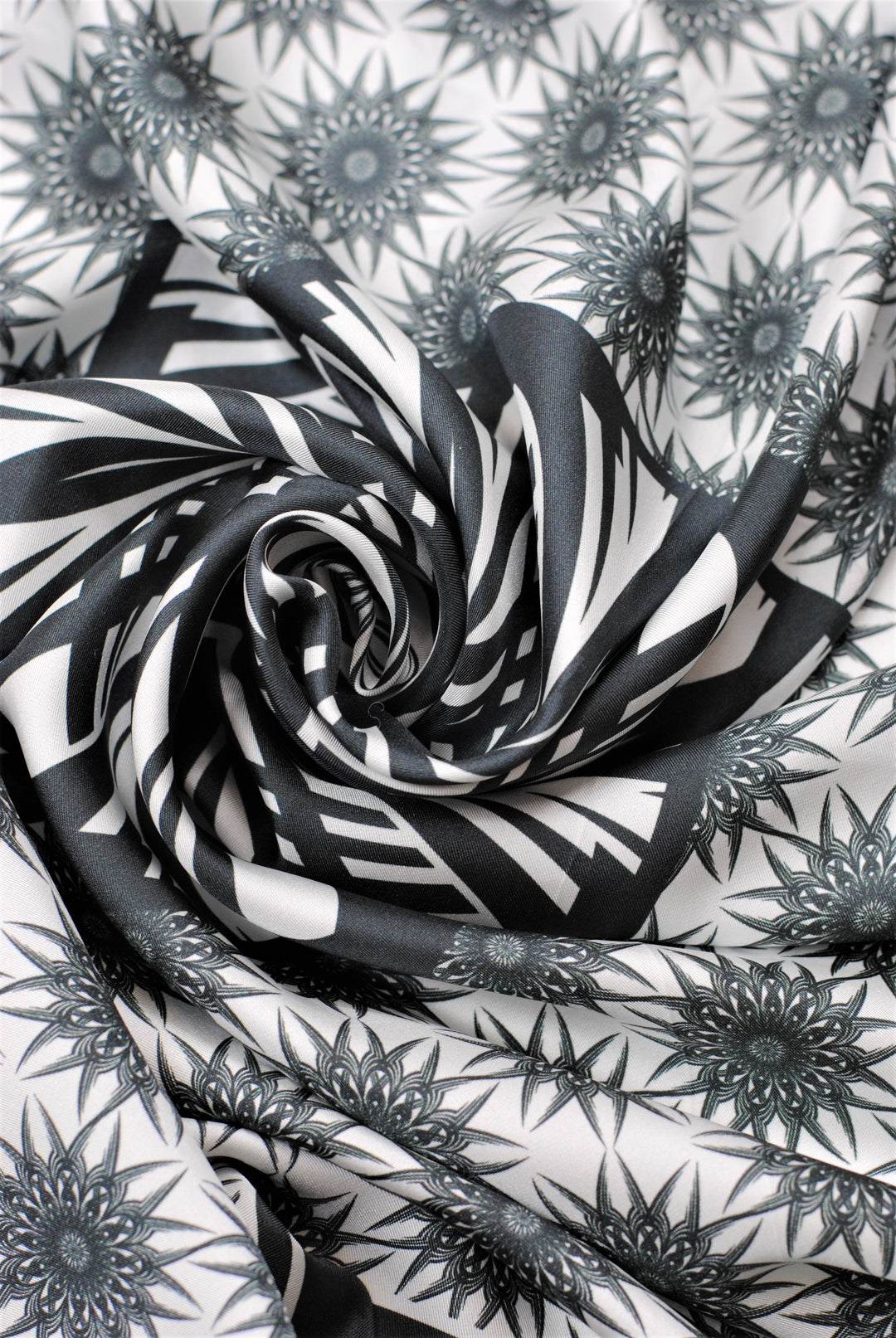 WISDOM Mandala Art Pure Silk Square Scarf in Black White by Chicago Designer Alesia Chaika