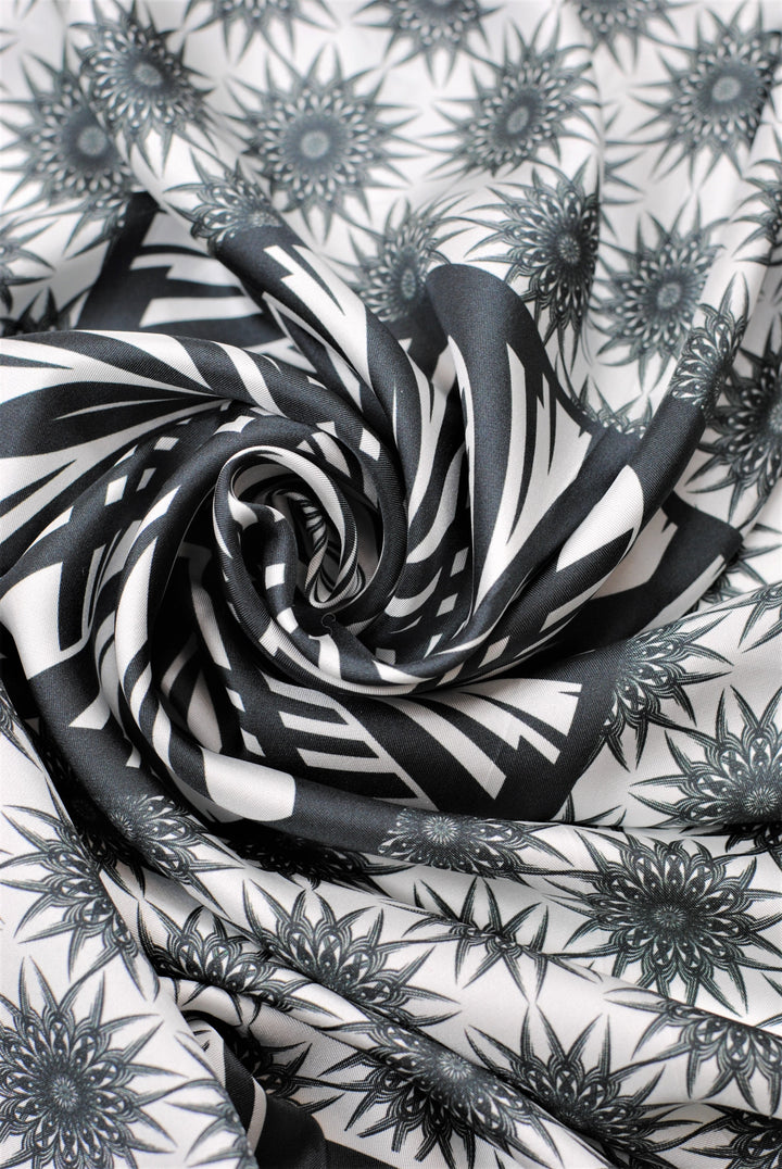 WISDOM Mandala Art Pure Silk Square Scarf in Black White by Chicago Designer Alesia Chaika