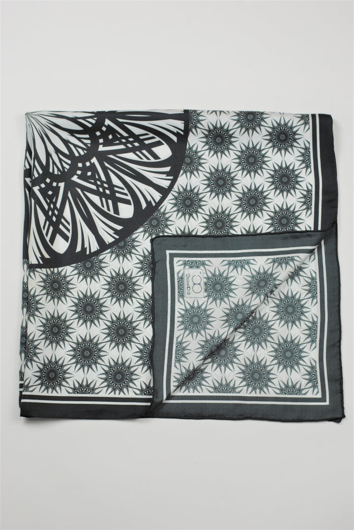 WISDOM Mandala Art Pure Silk Square Scarf in Black White by Chicago Designer Alesia Chaika