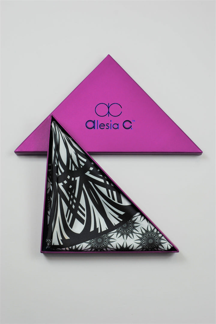 WISDOM Mandala Art Pure Silk Square Scarf in Black White by Chicago Designer Alesia Chaika