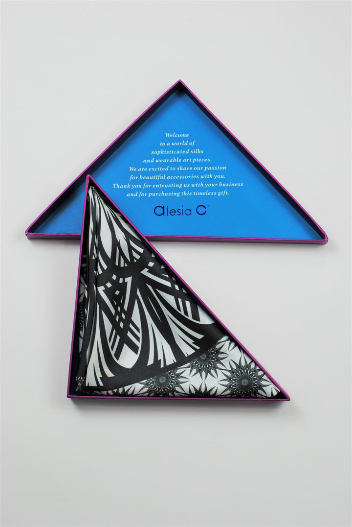 WISDOM Mandala Art Pure Silk Square Scarf in Black White by Chicago Designer Alesia Chaika