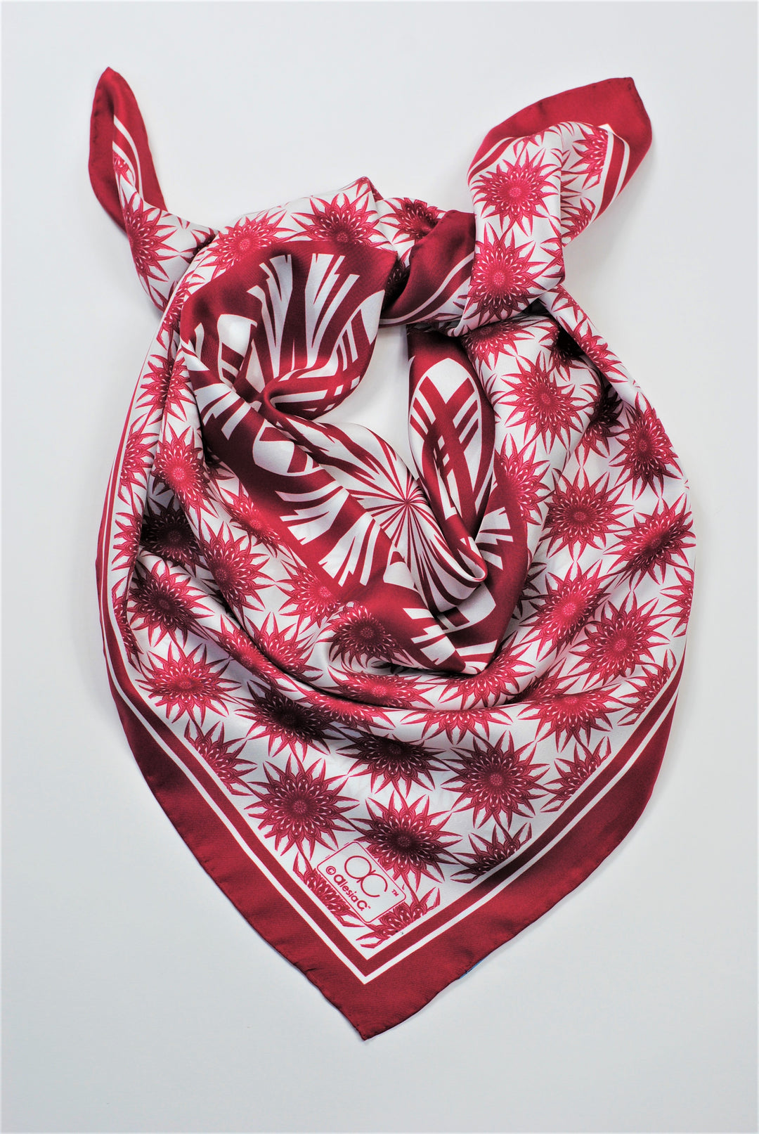 WISDOM Mandala Art Pure Silk Square Scarf in Burgundy White by Alesia Chaika