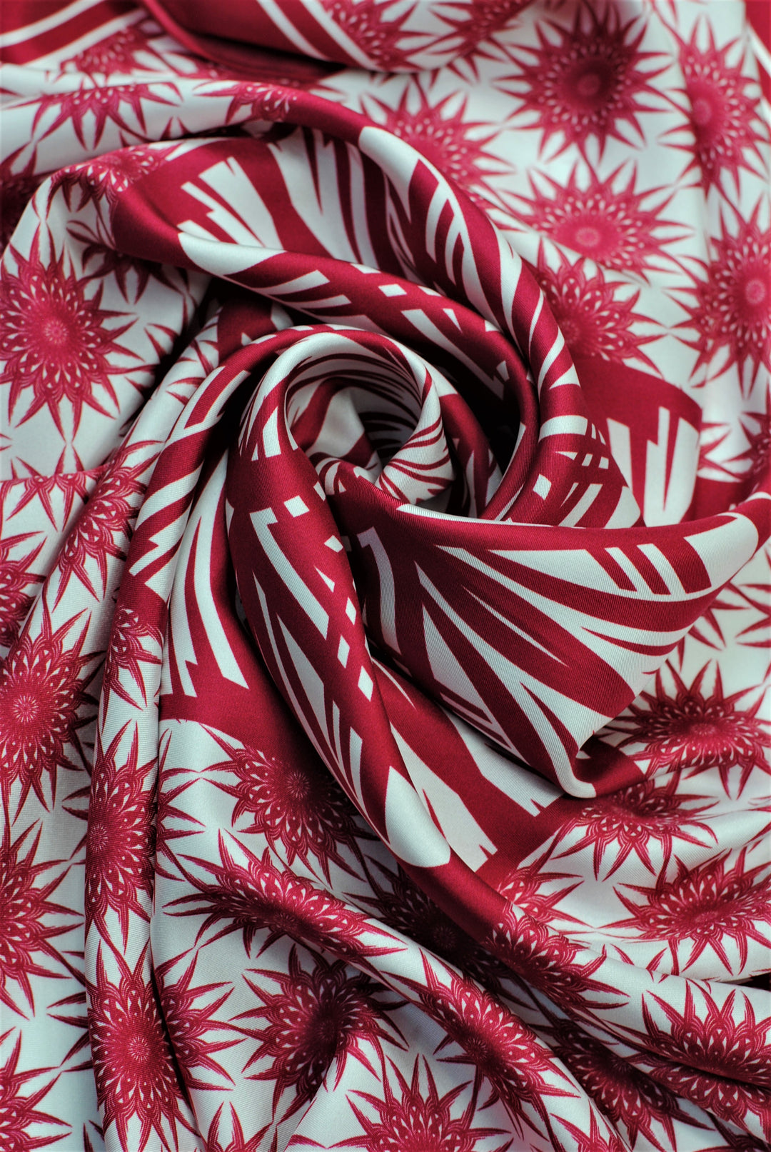 WISDOM Mandala Art Pure Silk Square Scarf in Burgundy White by Alesia Chaika