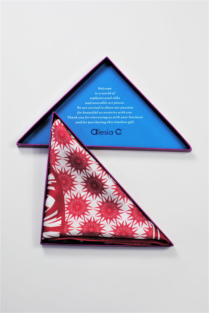 WISDOM Mandala Art Pure Silk Square Scarf in Burgundy White by Alesia Chaika