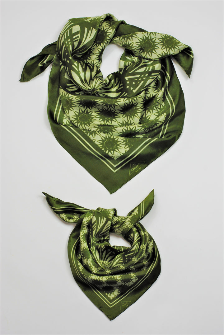 WISDOM Mandala Art Pure Silk Square Scarf in Olive Sage White by Alesia Chaika